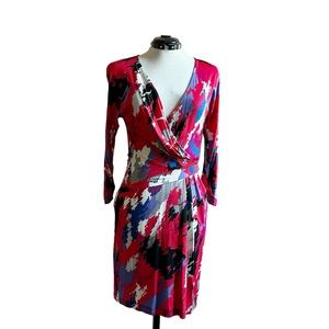 BCBG Maxazria Red and blue painterly knit faux wrap, deep v dress, size xs